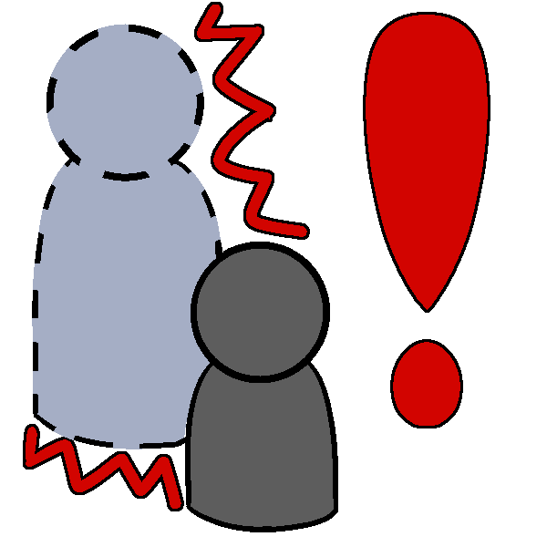 A small gray figure with a faded blue figure with a dotted outline behind them. The faded figure has a spiked red outline, and there is a red exclamation point.